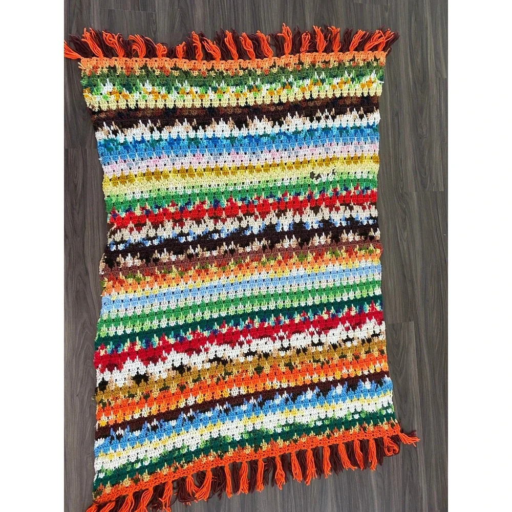 Vintage Crochet Afghan Blanket Handmade Multicolored Boho Fringe 60 x 41.5